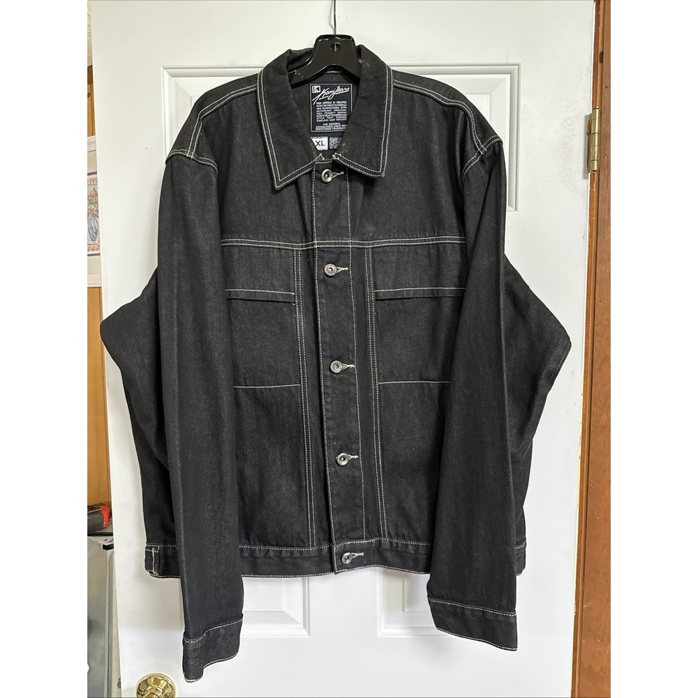 Vtg KARL KANI Black Denim Jacket Size XL Men's Structured‎ Thick Button Closure